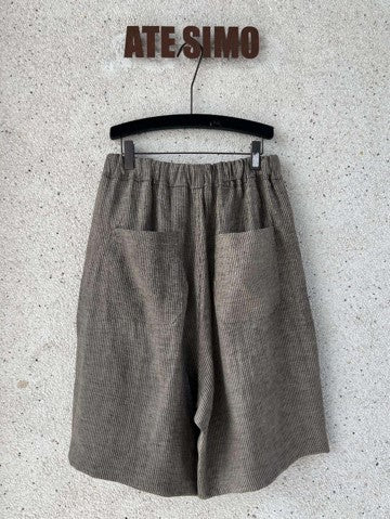 25春夏 冷染苎麻浅褐色条纹宽松抽绳短裤