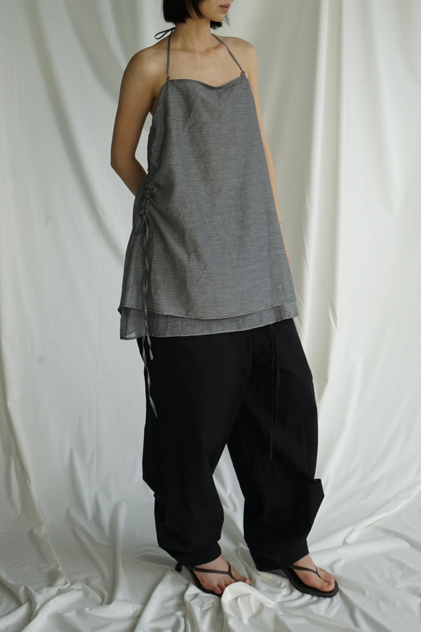 25春夏 细格纹双层抽绳吊带衫