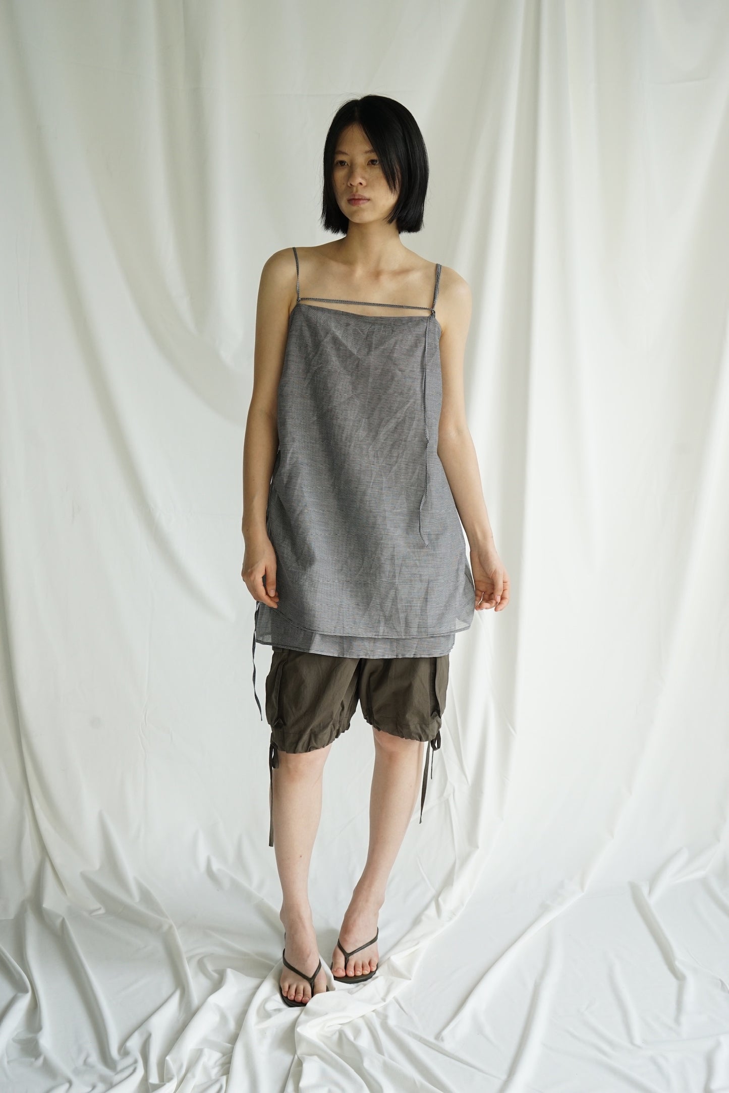 25春夏 细格纹双层抽绳吊带衫