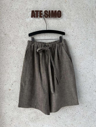 25春夏 冷染苎麻浅褐色条纹宽松抽绳短裤