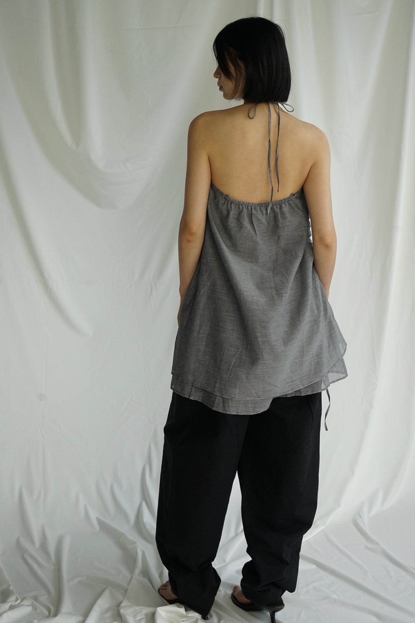 25春夏 细格纹双层抽绳吊带衫