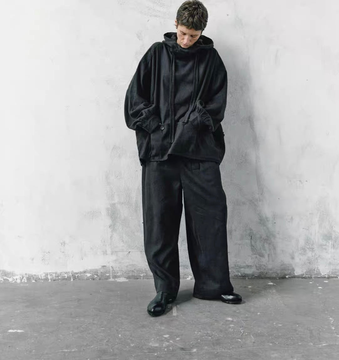 25春夏 色织丝麻蓝褐色粗斜纹连帽多袋外套