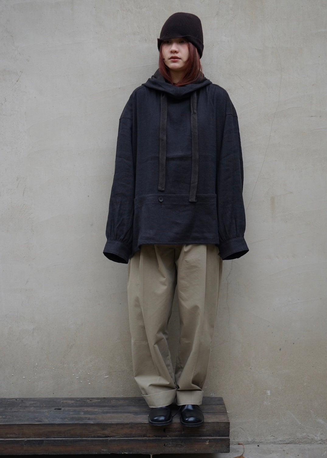 25春夏 色织丝麻蓝褐色粗斜纹连帽多袋外套