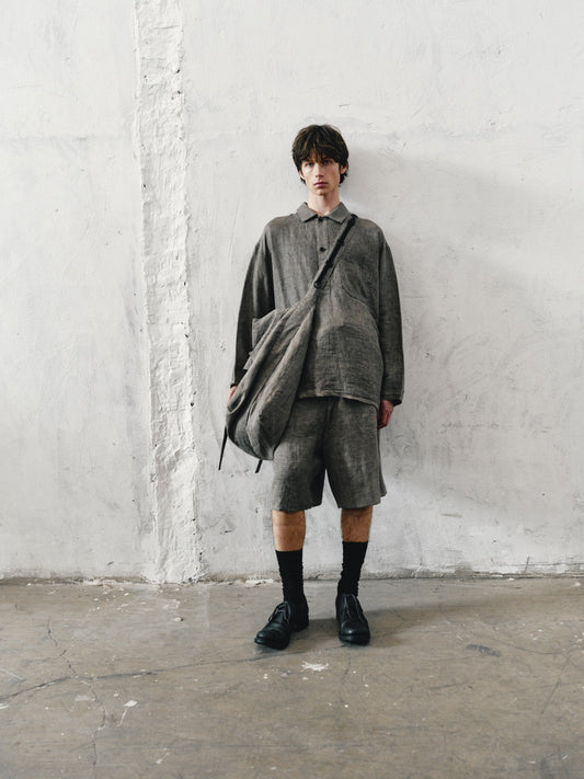 25春夏 冷染苎麻浅褐色条纹宽松抽绳短裤