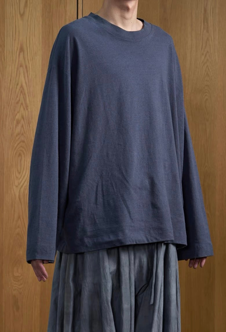 25春夏 麻棉材质圆领套头宽松款长袖T恤